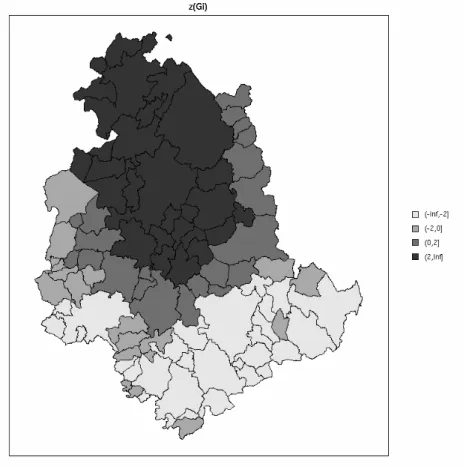 Figure 6: Map of standardized local Getis-Ord G i values for the activity rates in Umbria.