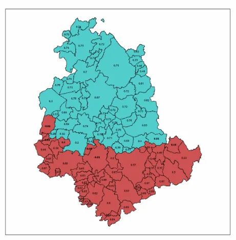 Figure 9: Map of clusters identified by the K-means method applied to standardized G i values for unemployment and activity rates in Umbria