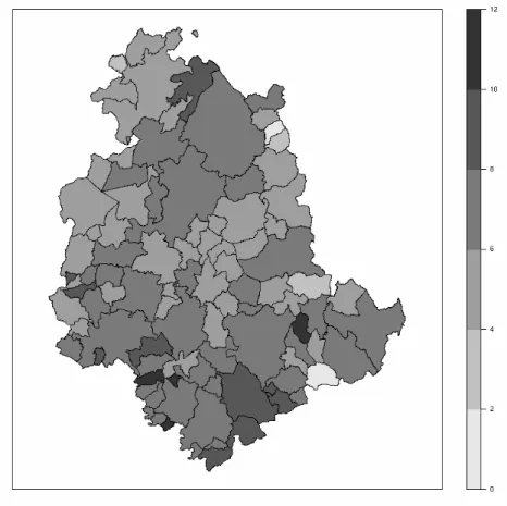 Figure 1: Spatial distribution of the unemployment rate (%) in Umbria.