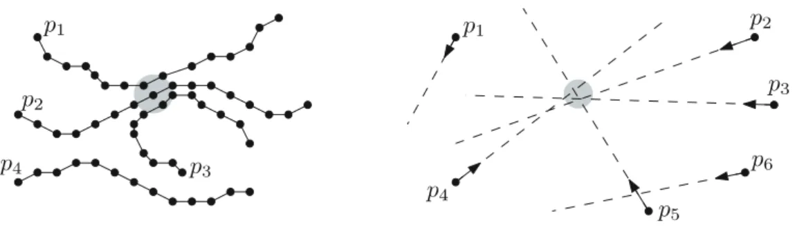 Fig. 1 Left, a flock pattern for p 1 , p 2 , p 3 at the eighth time step. It is also a leadership pattern with p 2 as the leader