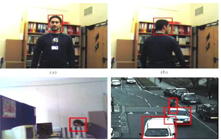 Fig. 1: showes particular appearence that make object tracking difficult. (a)– (b) A reference point to shoot at  head changes its pose then its appeared
