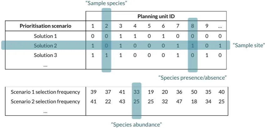 Figure 2.5 Example of Marxan output data. For calculation of dissimilarity, I regarded Marxan individual solutions as analogous to biological sampling sites and planning units as analogous to recorded species
