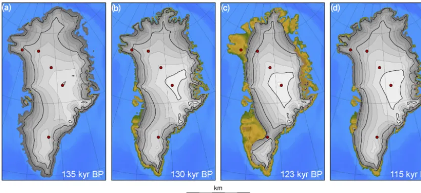 Figure 5. Greenland ice sheet geometry at 135 kyr BP (a), at 130 kyr BP (b), for the minimum ice sheet volume at 123 kyr BP with a sea-levelcontribution of 1.4 m (c), and at the end of the reference experiment at 115 kyr BP (d)