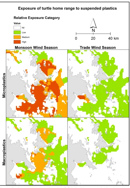 Figure 3.8: The relative exposure to macro- and micro plastics for flatback turtle home ranges in the Whitsunday region 