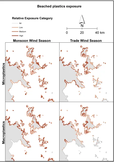 Figure 3.9: The spatial distribution of relative exposure for beached macro- and micro plastics during the Monsoon (October - March) and trade wind (April - September) seasons