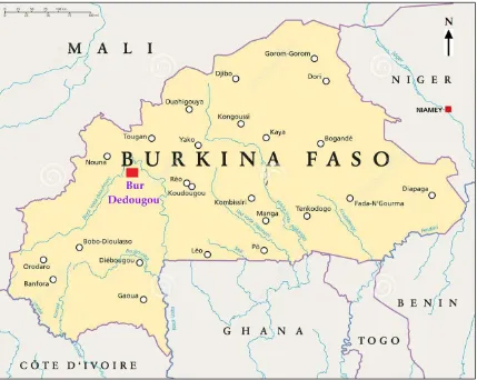 Figure 1.Figure 1.  The location of the studied meteorological station Bur Dedougou in Burkina Faso, West Africa.The location of the studied meteorological station Bur Dedougou in Burkina Faso, West 