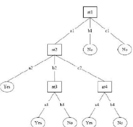 Figure 1:  A typical decision tree that contains the attribute a1 and decision values b1 and c1  