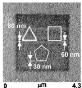 Figure 1.4.  Polygons written with MHA preformed with varying writing times. The darkened square 3µm x 3µm region was patterned afterwards by writing with ODT