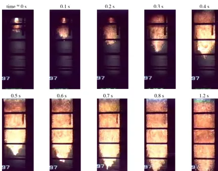 Fig. 2:  Progression of the interaction zone in PM13 shown by selected video film pictures