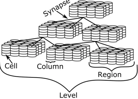 Figure 3.1: An HTM consisting of three levels. The first level is at the bottom of the hierarchy and the last level is at the top of the hierarchy
