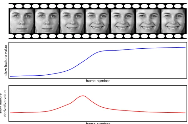 Figure 2.5: SFA for temporal video segmentation. The slow feature subspace is learned for the whole video (1 st row), and applied to the frames (2 nd row)