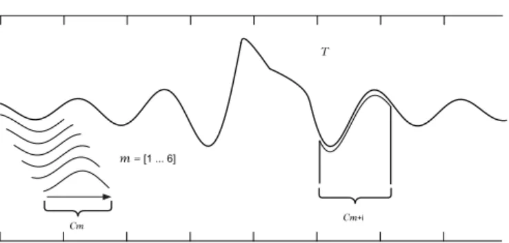 Figure 3.5: Sample time series T of length n, a subsequence in position m + i, and the first 6 subsequences extracted by a sliding window