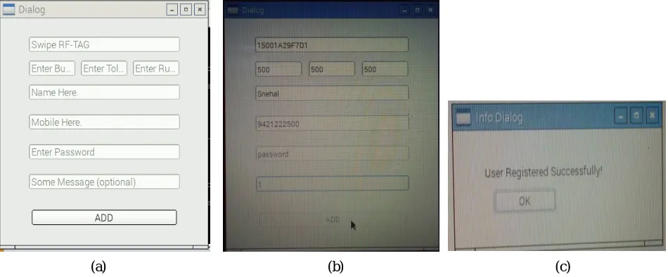 Fig.5. (a) , (b) and (c) : Create database of new user and adds new user on server and shows registeration of user successful