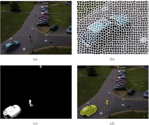 Figure 3.1: An example frame (a), superpixel borders for the bottom left part of the frame (b), the foreground probability map for each pixel (c) and centers of superpixels