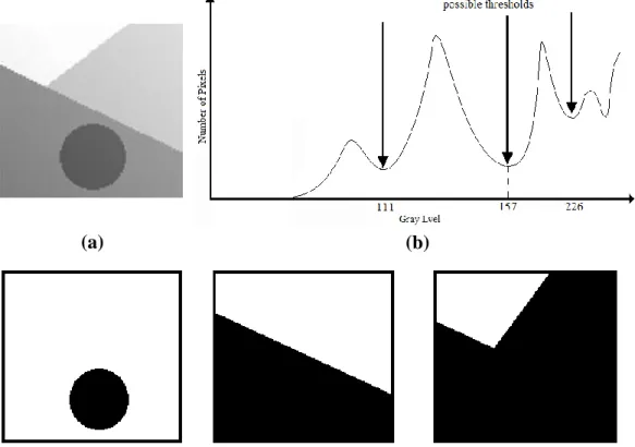 Figure  2.3  Implementation  of  the  thresholding  technique  for  a  various  threshold  values  (a)  original  image,  (b)  histogram  of  an  image,  (c)  thresholded  at  111, (d) thresholded at 157, and (e) thresholded at 226