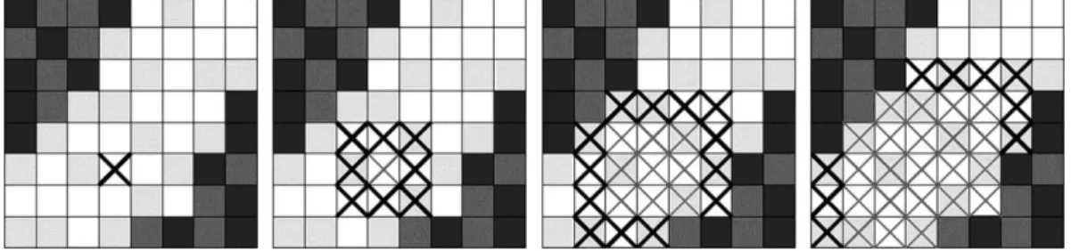 Figure 2.5 Implementation of region growing technique (a) location of initial seed  pixel, (b), (c), and (d) the growing process of seed pixel to form a region