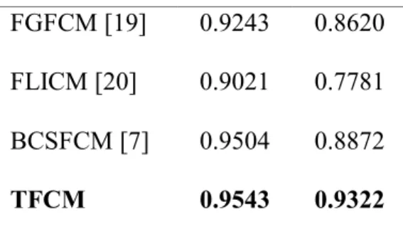 Table 1 shows the evaluated performance of TFCM and other algorithms. The  results show the proposed algorithm has a noticeable improvement in TC with the  well-classified intersection between segmented model and ground truth