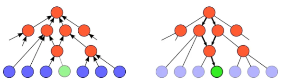 Fig. 5: Illustration of the estimation of the zero-shot prior on a mean. In the first step (left ) the means of train classes (blue) are propagated upwards in the ImageNet hierarchy to the internal nodes (red)