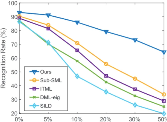 Fig. 8. Recognition rates on COIL database with different levels of noise.