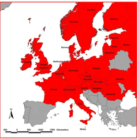 Figure 4: Countries (in red) from which conservation assessment information was attained