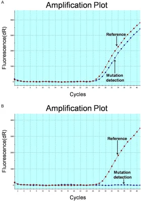 Figure 1. Amplification plot of BRAF V600E-positive (A) and -negative (B) results in Mx3000P