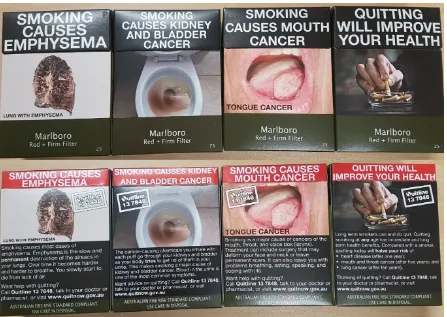 Figure 1.1 Four examples of the front and rear of current cigarette packaging in Australia, 