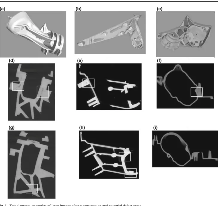 Fig. 1 Test elements, examples of layer images after reconstruction and potential defect areas