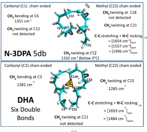 Figure 3. Structures of the double bond regions and frequency assignments for their car-bon sites