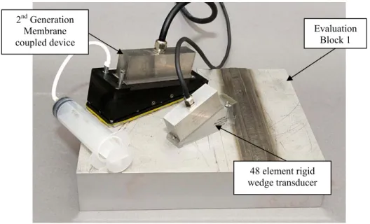 Figure 3-9 Photograph of the 2 nd  generation membrane coupled device and the 48 element rigid  wedge linear phased array