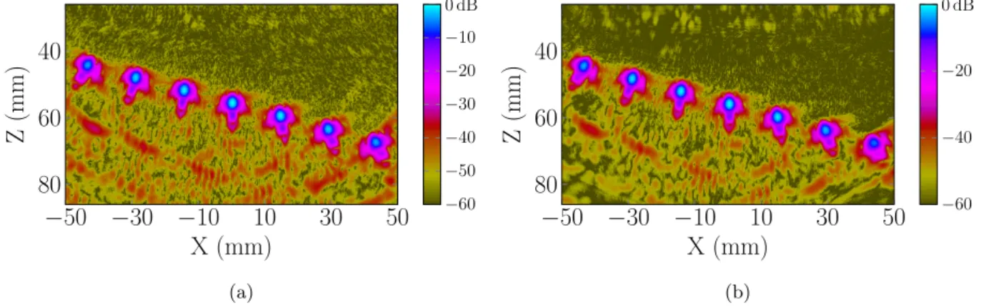 Figure 7: Experimental images obtained by applying both the TFM (a) and PWI (b) algorithms to the same set of FMC data.