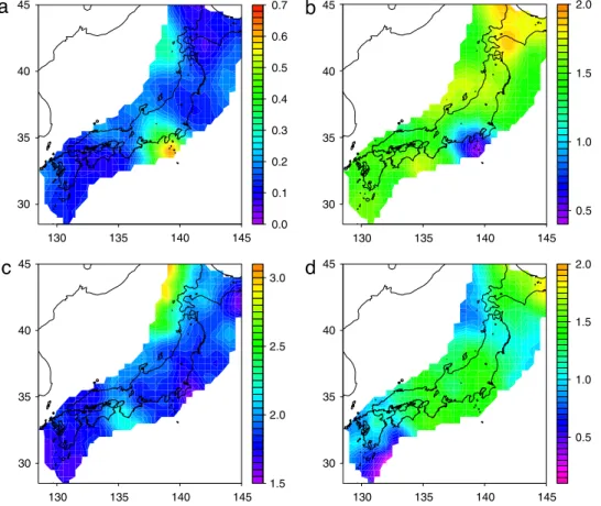 Fig. 5. Spatial variation of ETAS parameters estimated using the MWLE: (a) A (unit: events), (b) α , (c) q, (d) γ .