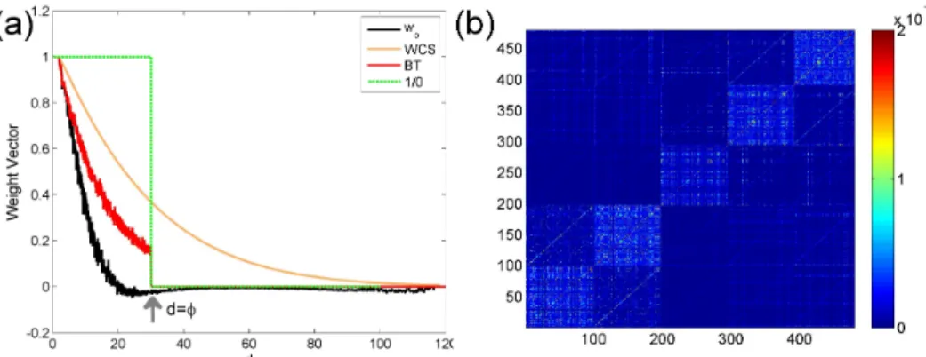 Figure 2.1: Weights for composite likelihood. (a) Various weights as a function of distance of pairs