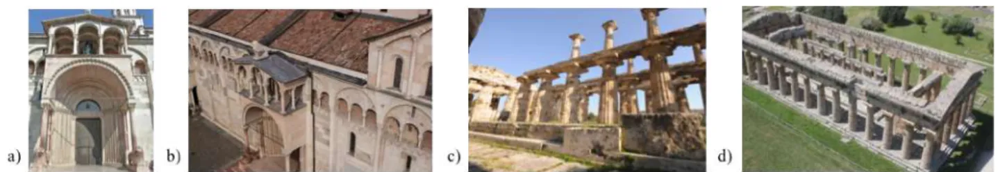 Figure 1: Examples of datasets acquired with heterogeneous sensors: the Modena Cathedral (left) and the Neptune Temple in  Paestum (right) as seen from terrestrial (a, c) and from UAV (b, d) images acquired for 3D documentation purposes