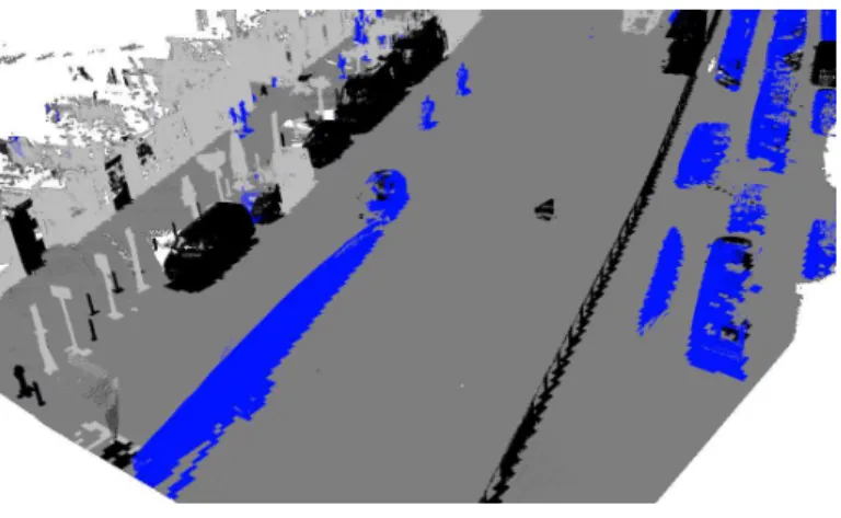 Fig. 1. Segmentation result of the 3D CNN based labeling. The color code of the predicted pillars is the following: dark grey denotes to ground, light grey marks high objects, black color is assigned to short objects and blue represents the phantom objects