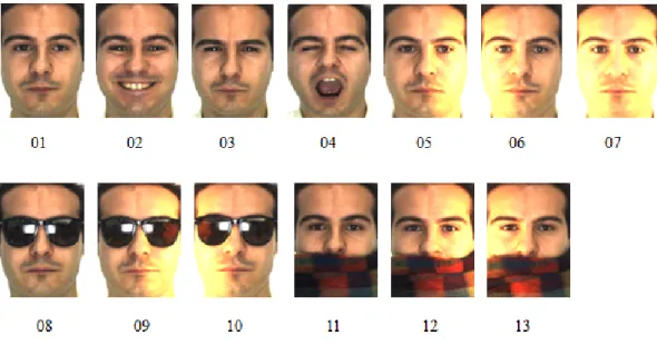 Figure 2.4: The 13 images of an individual from the session second of the AR database.