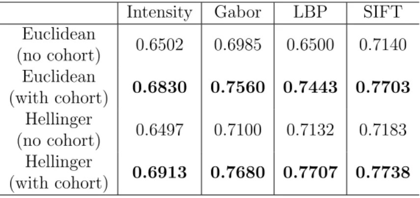 Table 3.3: Comparative classification accuracy of different descriptors and dis- dis-tances with and without cohort normalization.