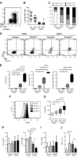 FIG 2 Phenotypic and functional characterization of EOMES� CD8� T cells. (A) Representative dot plot of EOMES and CD57 expression in CD8� T cells fromone healthy donor (HD)