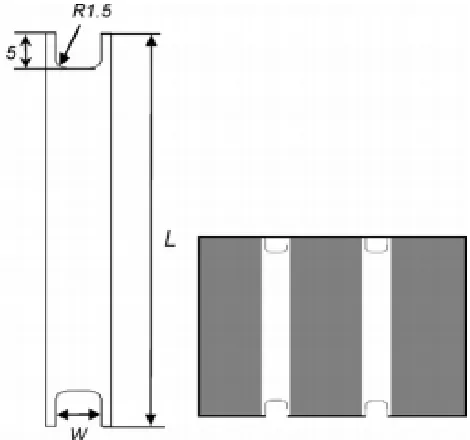 Figure 2.19 Symmetrical shear test specimen geometry used by An. et al. [109], in which L and W are the dimensions of the gauge area; the white areas are the shear zones and the grey areas are the clamping zones  