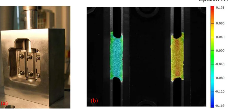 Figure 2.22 Shear test facility developed by Meyer et al. [98] showing (a) the jig and specimen (b) the strain field in the shear zones measured with the ARAMIS system   