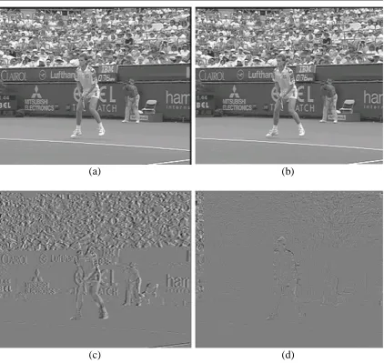 Figure 2.4 The luminance component of ‘Stefan’ at (a) frame 70, and (b) frame 71. The residual pictures by subtracting the frame 70 from frame 71 (c) without motion compensation, and (d) with motion compensation