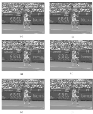 Fig. 3.11 The 7th motion compensated predicted frame for the “Stefan” CIF video using different BMAs: (a) original frame; (b) FS, PSNR = 25.32 dB; (c) NPDS, PSNR = 25.05 dB; (d) DHS-NPDS, PSNR = 24.28 dB; (e) 3SS, PSNR = 24.96 dB; and (f) TS-EPDS, PSNR = 2