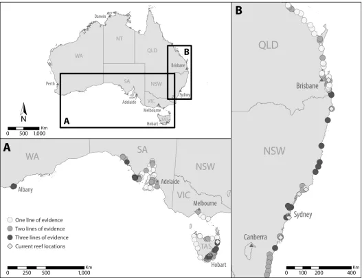 Fig 3. Historical shellfish ecosystem locations deciphered from multiple lines of evidence for: (A) Ostrea angasi and (B) Saccostreaglomerata