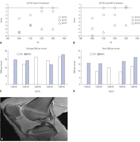 Fig. 1. Subjective scores of phantom imaging (A) with fat suppression and (B) without fat suppression