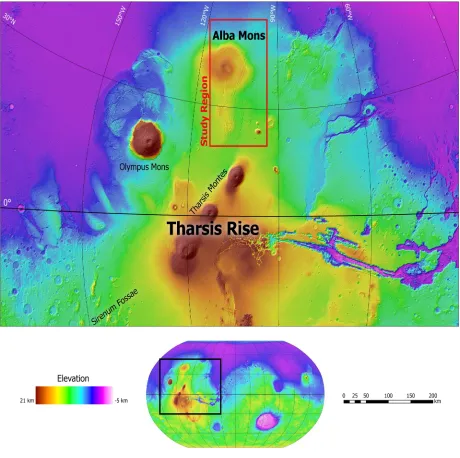 Figure 1. The Tharsis Rise on Mars, a broad, elevated dome situated at the planet’s equator and host to the largest volcanoes in the Solar System