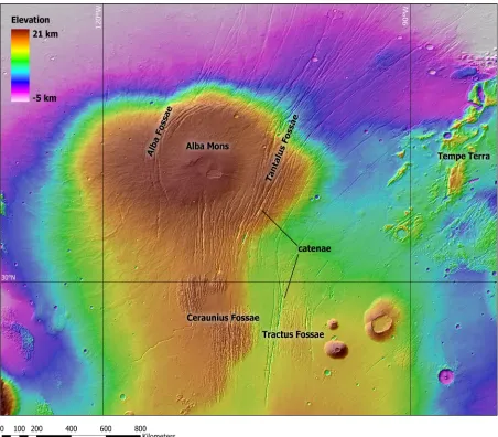 Figure 2. The Alba Mons volcano (center), shown in equirectangular projection again with color-coded topography from the MOLA DEM