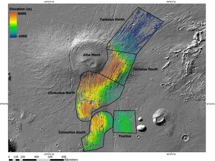 Figure 5. All faults mapped in this study, color-coded by mean elevation along strike