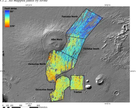 Figure 6. All faults mapped in this study, color-coded by along strike. 