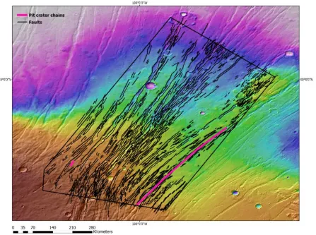 Figure 10. Trend of pit crater chains mapped with pits over 1 km in diameter (hot pink) mapped alongside all normal faults mapped (black) in the “Tantalus North” study area