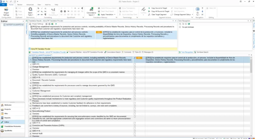 Figure 1: User Interface from SDL Trados Studio. From top to bottom, the ﬁrst row and the leftmost column correspond to theuser menus
