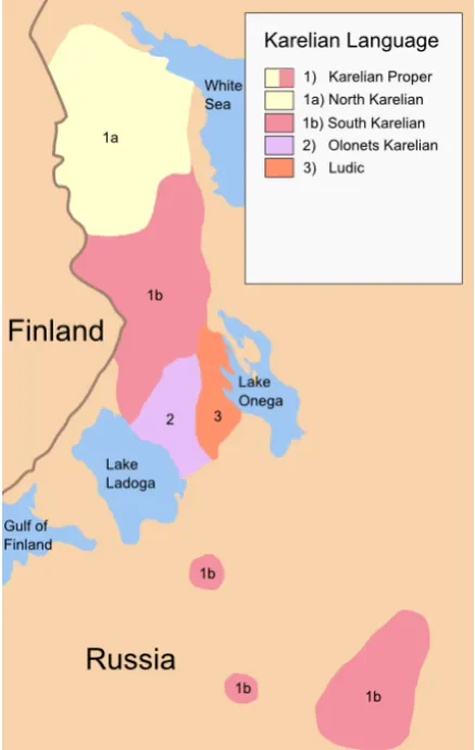 Figure 1: Map of Karelian languages, the number 1 isKarelian that we study in this article, numbers 2 and3 are closely related languages that are in some liter-ature refered to as Karelian as well, but are separatelanguages and do not belong under the krl languagecode in ISO standard.